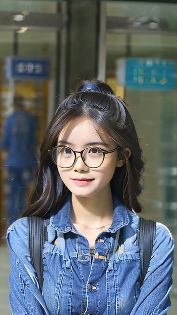 Cute dark skin toned Chinese girl wearing glasses, extremely detailed face, extremely detailed eyes, wearing tight jeans shorts