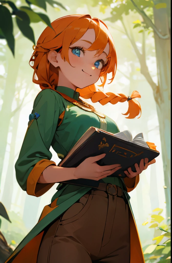 Best quality,high detail,masterpiece,1 woman,Orange one-sided braid,blue eyes,Cute face, Green tops,brown pants,forest,smiley face,holding a magic book,