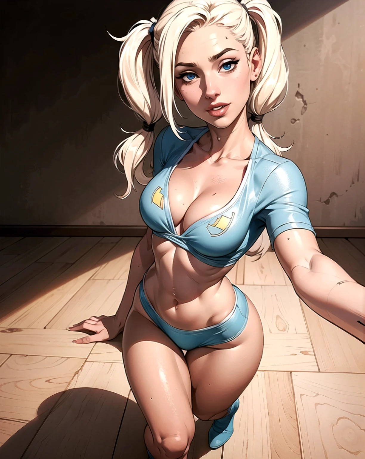 only one girl, ((1 very girl attractive and beautiful)), (((((Lena Paul's facial features))))), (((((Lena Paul's face))))), (((((long platinum blonde hair with two pigtails))))), (((green eyes))), Detailed face, ((twenty one years old)), ((model body, sexy body, slim body)), ((((Arafed Woman only dressed in the shirt of the Spanish soccer team, dressed in the shirt of the Spanish soccer team for Euro 2024, shirt of the Spanish team, sexy t-shirt of the spanish soccer team, selfie, selfie photo, discreetly made up, playboy photo style, captivating and tempting, Lena Paul, Realistic, sensual look, sexy, Instagram model, Sensual, sexy smile, sensual posing, natural pose, goddess)))), ((beautiful smile, sexy smile)), ((perfect mouth)), ((perfect legs)), navel piercing, (Beautiful face), sinuous look, sexy look, half smile, stitching, smooth skin, ((detailed skin)), cinematic lighting, ((perfect detailed and pretty eyes)), ((Highly detailed body, perfect body measurements)), ((detailed and tempting lips)), (((((medium breast))))), ((marking body clothes, Marked breasts, Generous cleavage)), 1 navel, rosy cheeks, ((Juicy and sexy lips, perfect lips)), naughty smile, wild and sexy hair, Full body view