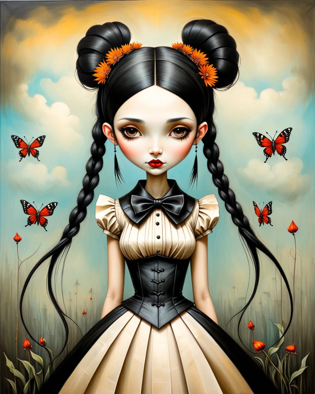 origami style in the style of esao andrews,esao andrews style,esao andrews art,esao andrewsa painting of a girl gothic wednesday addams pale black hair two braids style of esao andrews, andrews esao artstyle, inspired by Esao Andrews, esao andrews ornate, by Esao Andrews, esao andrews, inspired by ESAO, by ESAO, lori earley, shrubs and flowers esao andrews, benjamin lacombe, 1girl, bug in the style of esao andrews, esao andrews . paper art, pleated paper, folded, origami art, pleats, cut and fold, centered composition