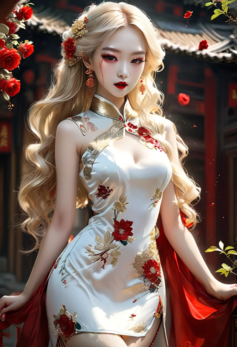 an exquisite beautiful female vampire wearing a (blood stained white Cheongsam: 1.5), an extremely beautiful female vampire, ultra detailed face, blond hair, long hair, wavy hair, dark glamour make up, pale skin, red lips, glowing red eyes, visible vampiric fangs, she wears a ((white Cheongsam: 1.5)), elegant, intricate detailed Cheongsam, silk Cheongsam, small cleavage, ((Cheongsam is decorated with gems: 1.4)), she wears elegant knee high heeled boots, exquisite knee high heeled boots, there are stains of blood on the upper part of the dress, dynamic background, best details, best quality, highres, ultra wide angle, 16k, [ultra detailed], masterpiece, best quality, (extremely detailed), full body, ultra wide shot, photorealistic, fantasy art, dnd art, rpg art, realistic art,Dark Art Painting Style, dark novel