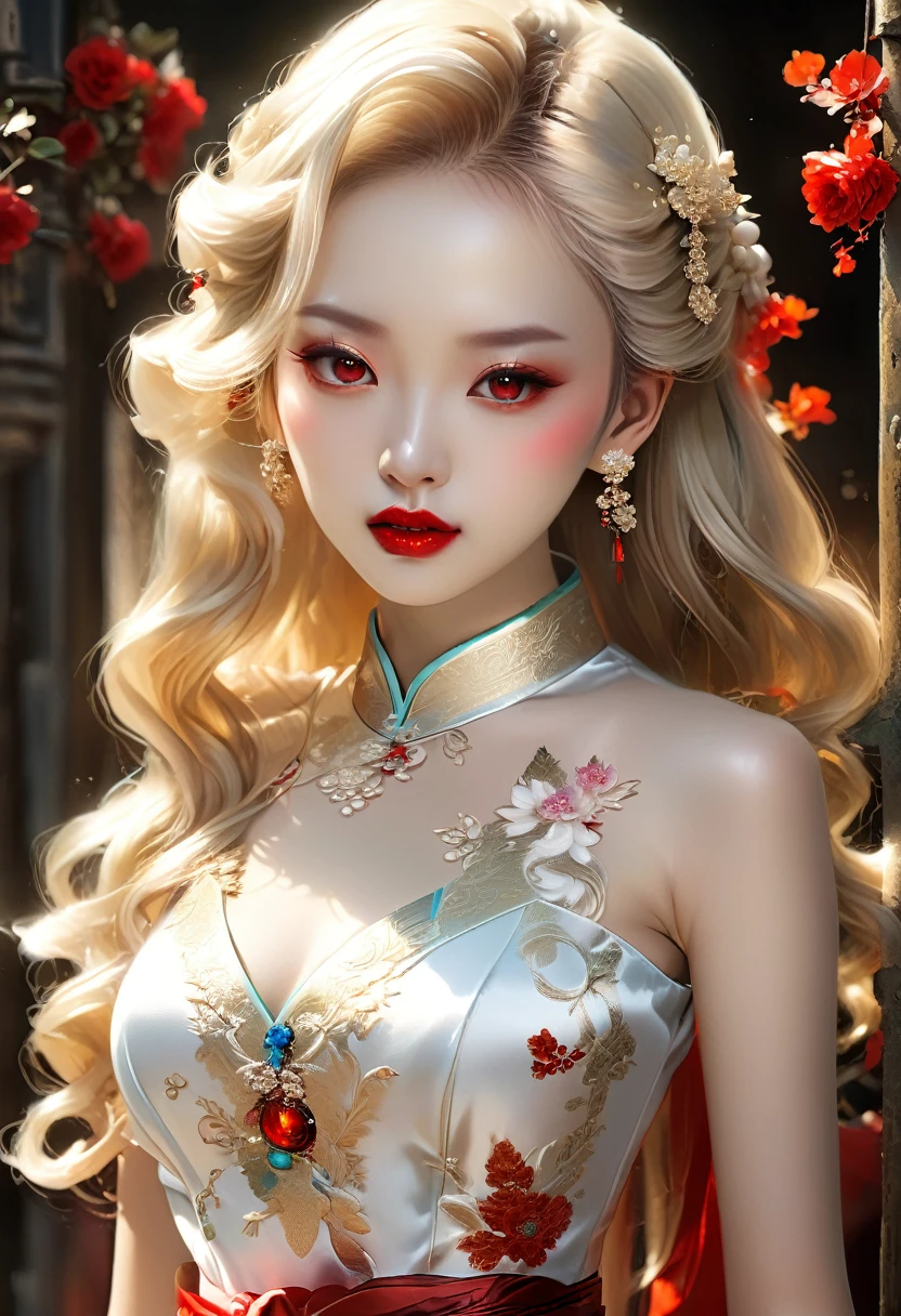 an exquisite beautiful female vampire wearing a (blood stained white Cheongsam: 1.5), an extremely beautiful female vampire, ultra detailed face, blond hair, long hair, wavy hair, dark glamour make up, pale skin, red lips, glowing red eyes, visible vampiric fangs, she wears a ((white Cheongsam: 1.5)), elegant, intricate detailed Cheongsam, silk Cheongsam, small cleavage, ((Cheongsam is decorated with gems: 1.4)), she wears elegant knee high heeled boots, exquisite knee high heeled boots, there are stains of blood on the upper part of the dress, dynamic background, best details, best quality, highres, ultra wide angle, 16k, [ultra detailed], masterpiece, best quality, (extremely detailed), full body, ultra wide shot, photorealistic, fantasy art, dnd art, rpg art, realistic art,Dark Art Painting Style, dark novel