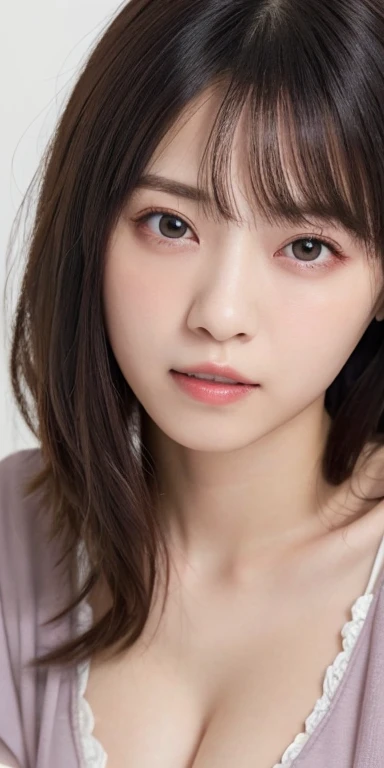 (masterpiece:1.3), Highest quality、Ultra-high resolution, Very detailed, Very detailed CG Unity 8k 壁紙, Realistic, photo-Realistic, RAW Photos, Beautifully detailed face, Pale skin, Realistic glistening skin, Detailed cloth texture, Detailed hair texture, Perfect body, Beautiful Face, Accurate, Anatomically correct, Highly detailed face そして skin texture, Natural neck length, (Fair skin:1.2), Good teeth alignment,
Symmetrical eyes, dolly make、double eyelid, Thin eyebrows, (Glossy Lips:1.4), (Sad face:1.2),
(classy and cute girl:1.3),
(Large Breasts:1.4), Cleavage, Beautiful clavicle,
(Wavy very long hair:1.2), ((Asymmetrical bangs:1.2)), A greyish pale purple tunic that hugs the breasts tightly、Micro Mini、Voluptuous thighs、A photo showing you from head to knees、Focus on the thighs