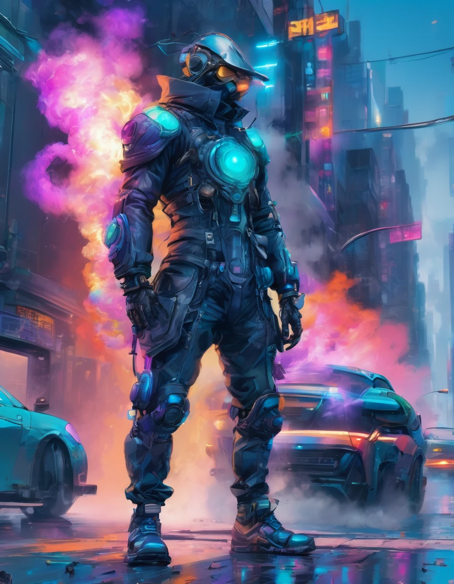a badass cypunk man detailed , leaning on the wall, pose on a futuristic street next to a traffic light , ((holding a smoke)) with a vibrant color , high enlightenment , refined quality , High definition , super fine detailed ,Sharp details in 32k resolution