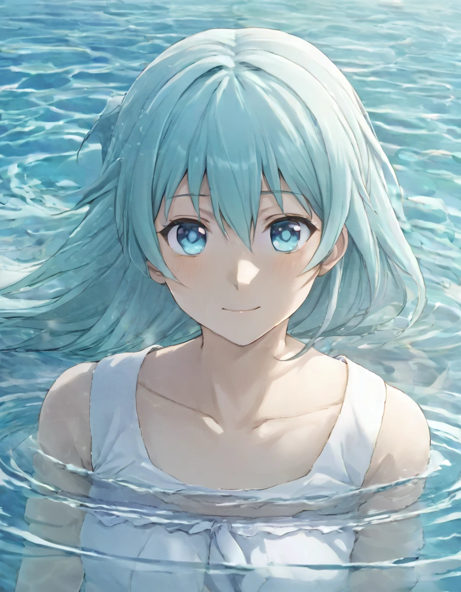 Anime style female character in water, aqua_(Konosuba), (Kind expression:1.1), blue colored eyes, white top, (rippling effect of water around the body:1.3), sunlight reflecting on the water, Clear sky, subtle splashes of water, high-resolution digital art, soft color palette, atmosfera tranquila, (serene ocean background:1.1), Realistic water texture
