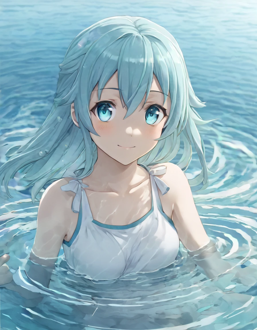 Anime style female character in water, aqua_(Konosuba), (Kind expression:1.1), blue colored eyes, white top, (rippling effect of water around the body:1.3), sunlight reflecting on the water, Clear sky, subtle splashes of water, high-resolution digital art, soft color palette, atmosfera tranquila, (serene ocean background:1.1), Realistic water texture
