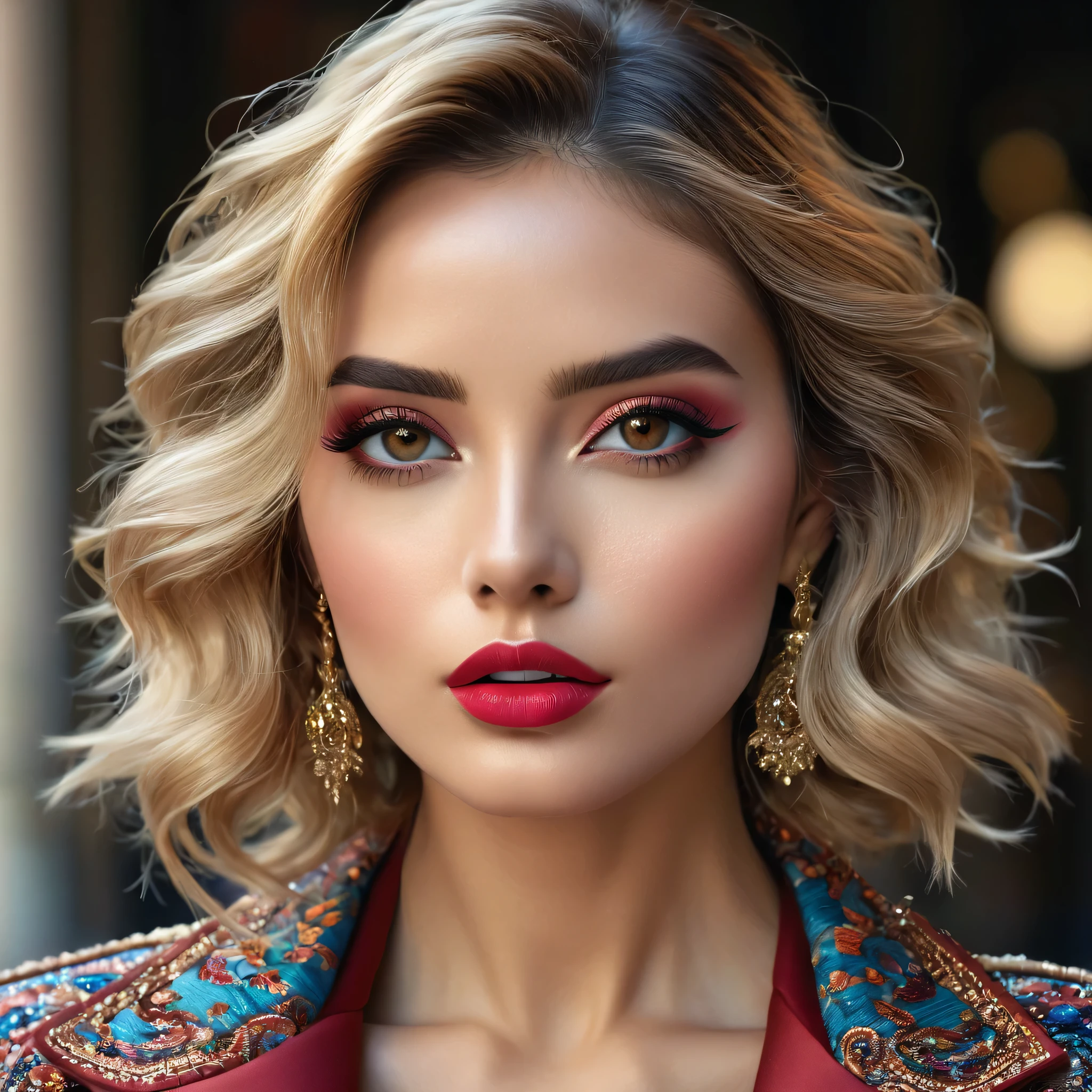 photorealistic Realism 8K, 16K Quality, fashion supermodel,((sharp focus)),((Glamour, paparazzi taking pictures of her)), (ultra absurd quality, extremely detailed detail, hyper resolution, clear sharp focus, not blurry, (perfect round, Realistic brown eyes)), ((perfect dark_eyeshadows)), (super Detailed, beautiful little nose), (perfect composition), Depth of field, cinematic light, Lens flare, (extremely beautiful face, beautiful lips), pink_makeup:1.22, long_blue_eyeliner:1.28, red_lipstick:1.35,(perfect dark_eyeshadows:1.25), (super detailed professional makeup on eyes:1.3), (Detailed nose:1.2), Intricate detail face, best high quality real texture skin, (A woman with velvety skin), ((best high quality real texture hair)), (short blonde hair, (wavy, combed up, behind the ear), extremely detailed)), photo of the most beautiful artwork in the world, professional majestic (photography by Steve McCurry), 8k uhd, dslr, soft lighting, high quality, Fujifilm XT3 sharp focus, f 5.6, dramatic, (Anatomically correct perfect proportions), ((perfect hands:1.2)), ((perfect female body:1.4)), cute girl, ((firm and full breasts)), ((super beautiful cute sharp-face)), (light pale complexion), ((super elaborate extravagant white Jacket wear:1.2)),(small head: 1.4), ((Beautiful girl with long legs and good style:1.25)), ((body shot to knees:1.32)),((dynamic pose:1.25)),((Lively,Active,vivaciousness)),((no_Pantise)),(Erotic:1.6),((red silked skirt,(tiny skirt:1.22),no_panties,curvy)),((school uniform short skirt wrapped at the hips))), (((upper body to the knee: 1.4))),
