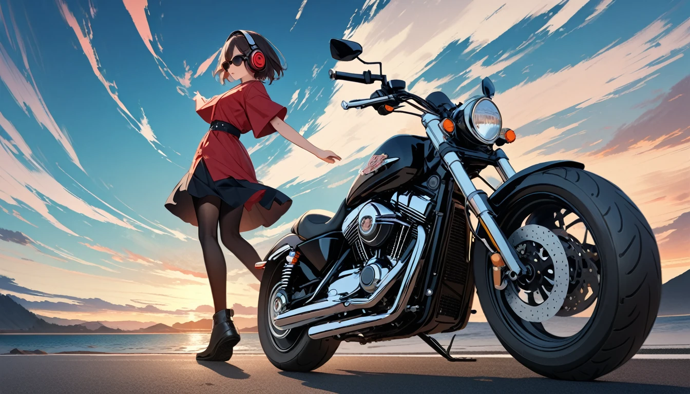 ((8k of extremely detailed CG unit, Masterpiece, high resolution, highest quality, highest quality real texture skin)), (((from side))), (((Drive a Harley-Davidson))), (((Road with a view of the sea))), (((Japanese style headphones))), (((sunglasses))), ((1 girl)), (surreal, digital painting)
