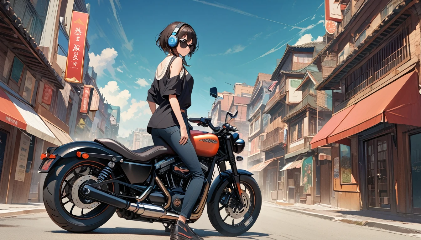 ((8k of extremely detailed CG unit, Masterpiece, high resolution, highest quality, highest quality real texture skin)), (((from side))), (((Drive a Harley-Davidson))), (((Road with a view of the sea))), (((Japanese style headphones))), (((sunglasses))), ((1 girl)), (surreal, digital painting)