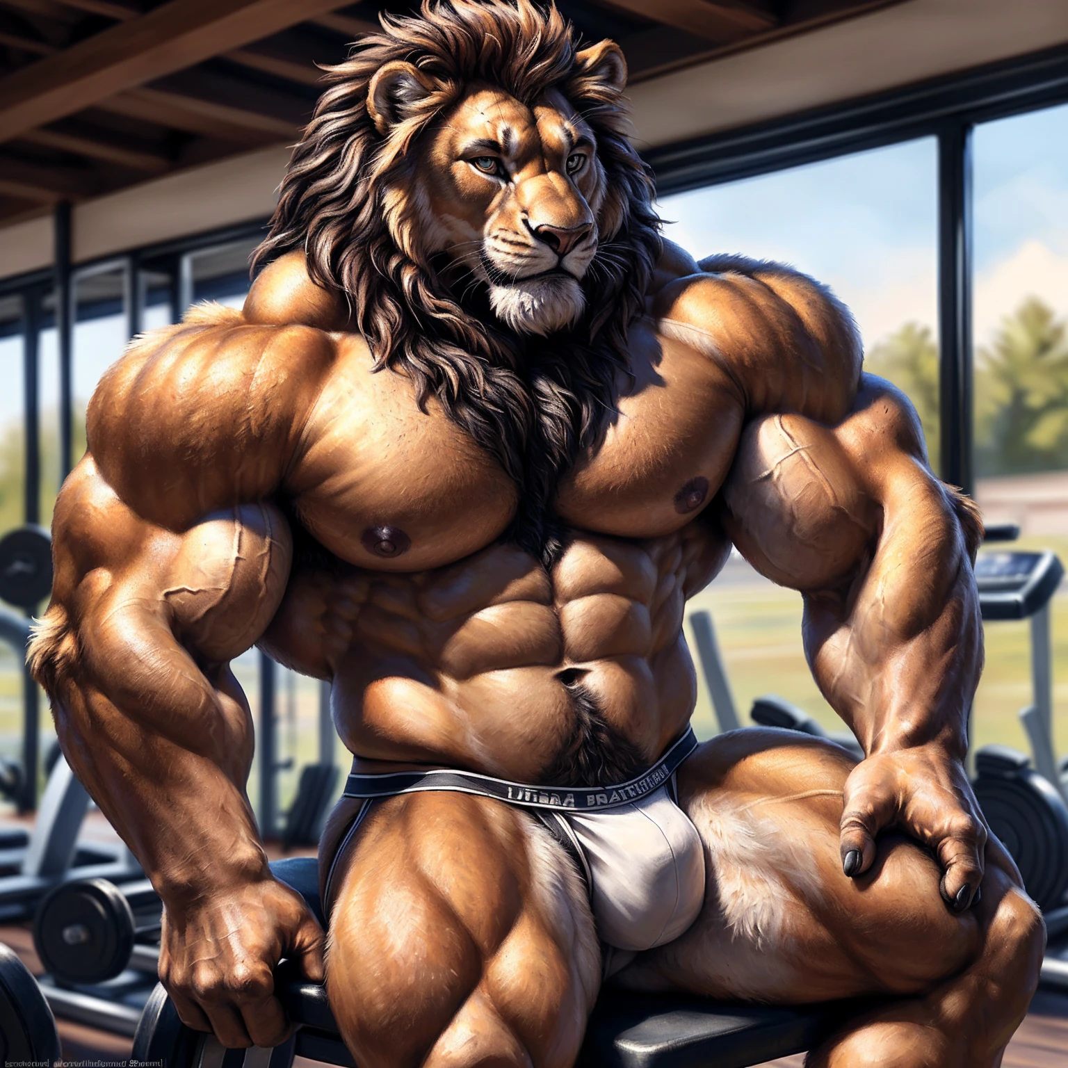 Lion, orange body, big mane, brown mane, brown body hair, brown chest hair, flexing, three-quarter view, jockstrap, topless, looking at viewer, (seductive face), sitting, gym background, detailed nipples, fitness muscular body, nipple focus, big bodybuilder body, muscular male, muscular, detailed fur, detailed muscles, bright body, detailed face, high detailed, high resolution, high quality, beautiful eyes, detailed eyes, (((big muscles))), (((muscular serratus))), (((muscular oblique))), (((muscular v-cut))), (((big butt muscles))), ((((broad muscular shoulder)))), ((((big muscular thighs)))), ((((detailed muscular abs)))), (((((huge muscular pecs))))), ((((big muscular biceps)))), (((big muscular triceps))), (((big muscular quads))), (((big muscular deltoids))), (((big forearm muscles))), (((muscular anthro)), manly masculine male, by bruteandbrawn, by personalami, by kenket, (intricate, high detail, film photography, soft focus, RAW candid cinema, photorealism, realistic, photorealistic, analog style, subsurface scattering, masterpiece, best quality, ultra realistic, 8k)