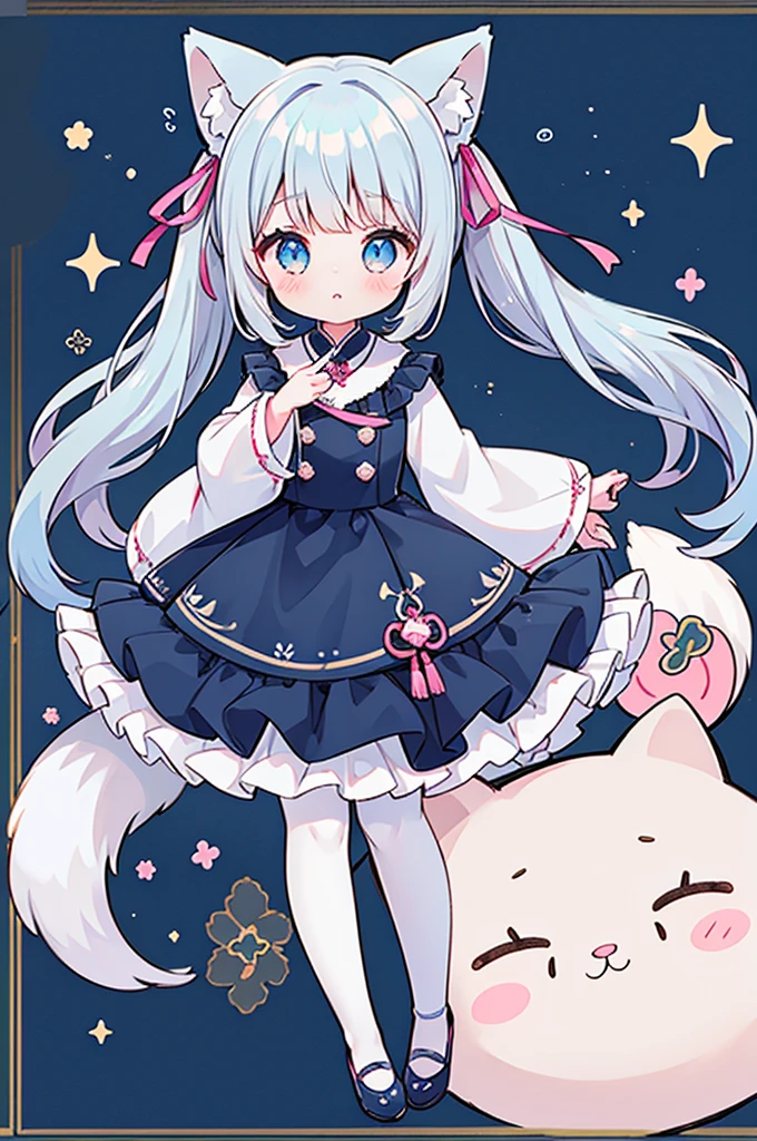 female、独奏, whole body, light blue eyes、mary jane shoes, pose for a photo.,long hair、twintail hair,shy,blush,Hot,masterpiece、Best image quality、top quality, cute 모자、long hair,fox ears,gray hair,(black pantyhose),blue eyes、exquisite eyes、Beautiful girl、Chubby cheeks、cute 드레스、puffy sleeves、Ruffled skirt、pink ribbon、cute、change, Magic Wand,