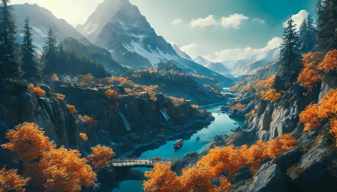 "A cinematic scene of a majestic mountain landscape with snow-capped peaks and dense forests in the valleys. In the center of the image, three futuristic spaceships fly in formation, with engines glowing bright orange (#FF4500). The lighting is natural and soft , with sunlight filtered through voluminous white clouds in the clear blue sky (#87CEEB). The composition uses the rule of thirds, with mountains occupying the upper left and right, creating a visual balance with the spaceships centered in the third. higher.
The camera used appears to be an ARRI Alexa 65, providing high resolution and cinematic depth of field. The lens is a wide angle, capturing the vastness of the landscape and the grandeur of the mountains. The color palette is naturalistic, with shades of green (#228B22) in the forests, brown (#8B4513) in the soil, and blue-gray (#708090) in the snowy mountains.
Cinematic light is soft and diffuse, creating soft, realistic shadows that add depth to the scene. There is a faint blue lens flare (#ADD8E6) visible in the sky, adding a touch of realism to the composition. The houses and villages in the valley have earthy tones (#D2B48C), harmonizing with the natural landscape around them.
The overall atmosphere is a fusion of pristine nature and advanced technology, creating a striking visual contrast and a sense of futuristic wonder."hyper realistic composition,32k resolution,cinematic composition,cinematic color grading.