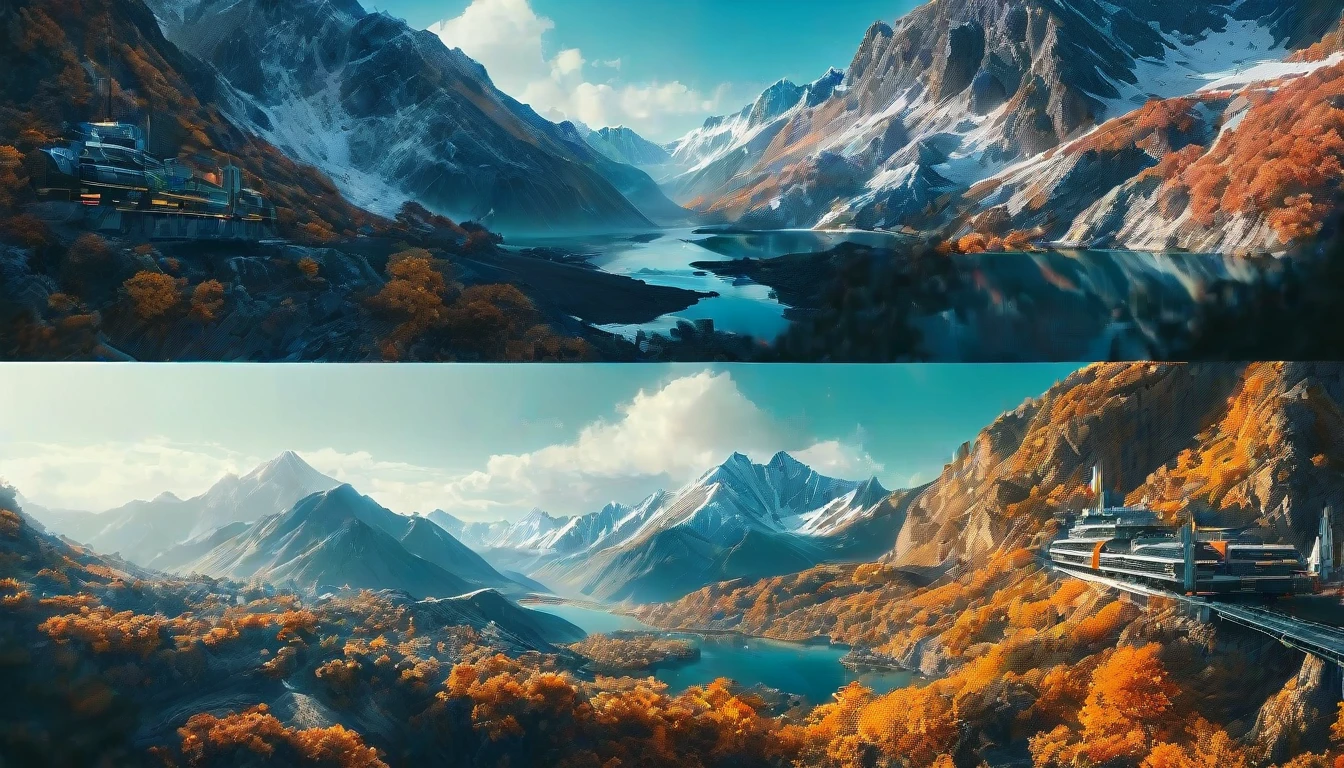 "A cinematic scene of a majestic mountain landscape with snow-capped peaks and dense forests in the valleys. In the center of the image, three futuristic spaceships fly in formation, with engines glowing bright orange (#FF4500). The lighting is natural and soft , with sunlight filtered through voluminous white clouds in the clear blue sky (#87CEEB). The composition uses the rule of thirds, with mountains occupying the upper left and right, creating a visual balance with the spaceships centered in the third. higher.
The camera used appears to be an ARRI Alexa 65, providing high resolution and cinematic depth of field. The lens is a wide angle, capturing the vastness of the landscape and the grandeur of the mountains. The color palette is naturalistic, with shades of green (#228B22) in the forests, brown (#8B4513) in the soil, and blue-gray (#708090) in the snowy mountains.
Cinematic light is soft and diffuse, creating soft, realistic shadows that add depth to the scene. There is a faint blue lens flare (#ADD8E6) visible in the sky, adding a touch of realism to the composition. The houses and villages in the valley have earthy tones (#D2B48C), harmonizing with the natural landscape around them.
The overall atmosphere is a fusion of pristine nature and advanced technology, creating a striking visual contrast and a sense of futuristic wonder."hyper realistic composition,32k resolution,cinematic composition,cinematic color grading.