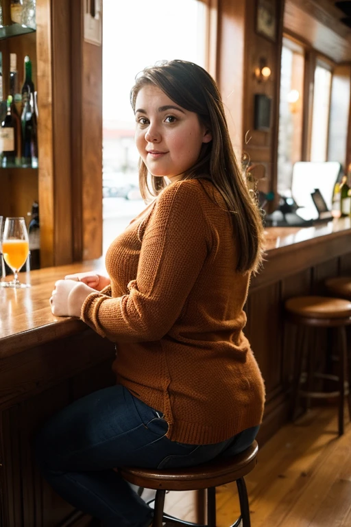 An overweight drunk Russian girl with a beautiful face in autumn clothes stands with her back to the camera leaning sideways against the wall in a bar