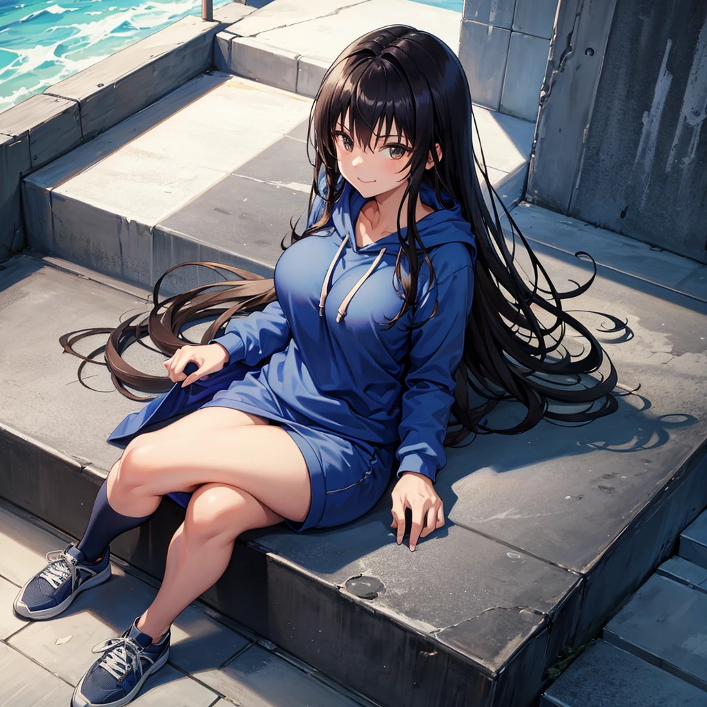 masterpiece, best quality, defYui, blue hoodie, black sweatpants, long sleeves, stairs, sitting, large breasts, from above, smile, sneakers