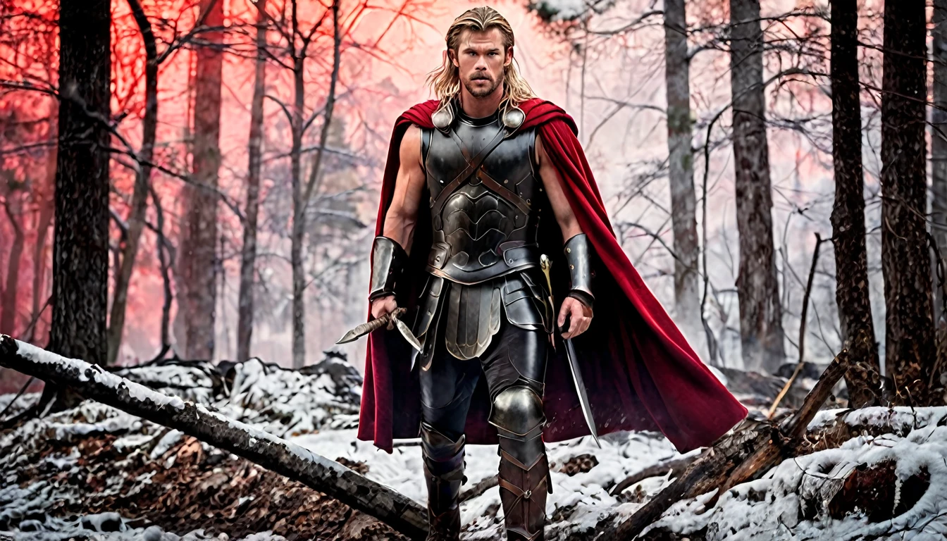 modern style movie poster, with Chris Hemsworth, long blonde hair, Roman armor, black, rusty (no cape, no cape), fight scene, hyper-realistic, snowy forest background, winter, red fog, fire, cinematic, cinematography, dark lighting, NOIR image, highly detailed, sharply focused, realistic movie poster style, dynamic shot, --chaos 10 --ar 6:5 --raw style --stylize 600