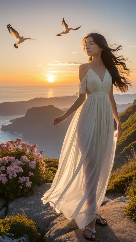 ((((masterpiece)))),8k Resolution,highly detailed,perfect ???????, elegant woman in a flowing dress standing on a cliff overlooking a vibrant sunset, her hair gently blowing in the wind, a serene expression on her face, a feeling of inner peace and strength radiating from her, surrounded by blooming flowers and lush greenery, rays of golden light illuminating the scene, a flock of birds soaring gracefully in the sky, capturing the essence of spiritual growth and beauty of the soul.