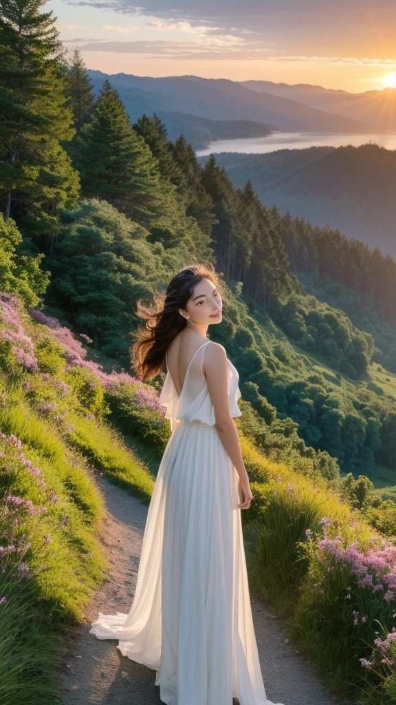 ((((masterpiece)))),8k Resolution,highly detailed,perfect anatomy, elegant woman in a flowing dress standing on a cliff overlooking a vibrant sunset, her hair gently blowing in the wind, a serene expression on her face, a feeling of inner peace and strength radiating from her, surrounded by blooming flowers and lush greenery, rays of golden light illuminating the scene, a flock of birds soaring gracefully in the sky, capturing the essence of spiritual growth and beauty of the soul.