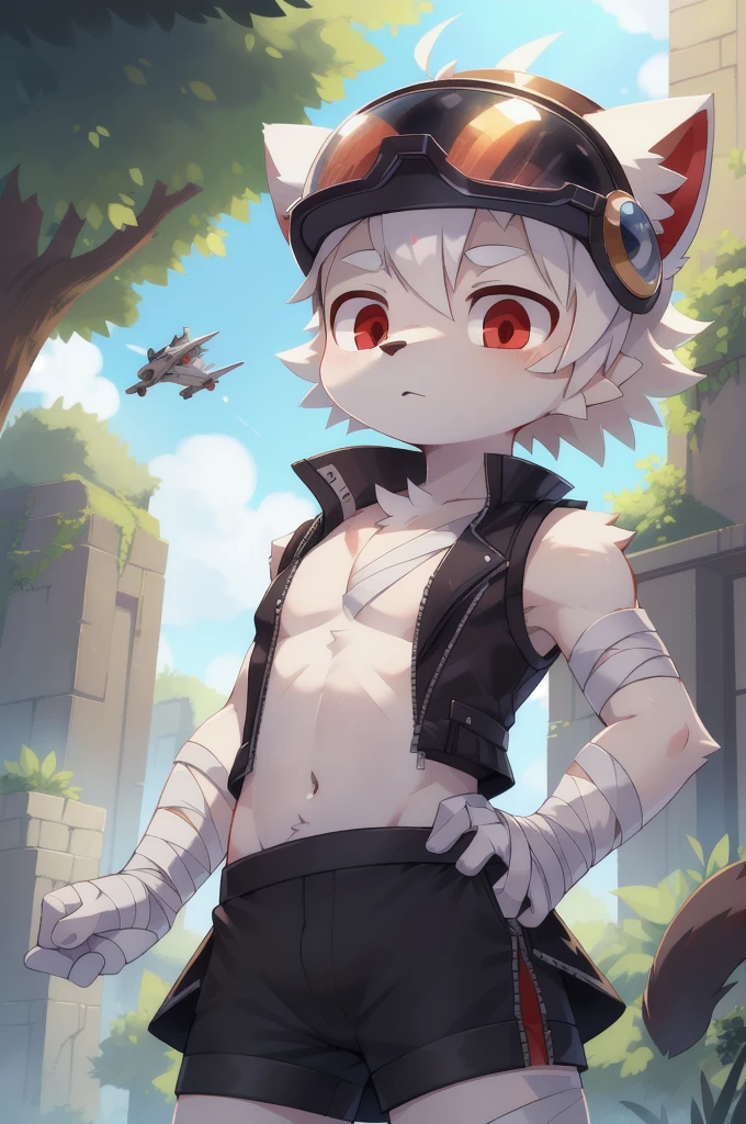 Furry shota, cat, red eyes, white body fur, white hair, spike hair, detailed body fur, detailed body, detailed eyes, glistering body, shiny body, gorgeous body, masterpiece, ((pilot helmet, black vest, open clothes, bandages on chest, black open skirt, green short pants)), tiny body, short body,