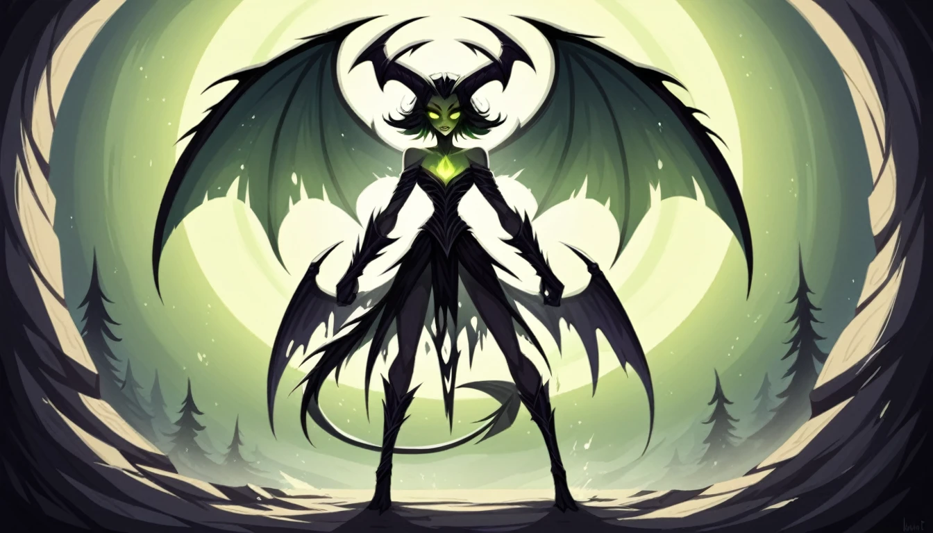 "Generate a full-body splash art image of a demonic girl  who is a splah art  in League of Legends. She should have a sinister, mischievous look with a short, wild hairstyle, possibly with streaks of green or purple. Her skin should have a greenish tint typical of goblins, with glowing eyes, one red and one yellow. She should be depicted laughing diabolically, exuding an aura of superiority and dominance, embodying the essence of a queen. She should have small, sharp horns on her head and bat-like wings. Her outfit should be a blend of dark, sinister armor and regal attire, with intricate designs in black, purple, and green, highlighted  The background should be a dark, mystical environment, perhaps an infernal throne room or a corrupted forest, with dramatic lighting and magical effects. The overall composition should be powerful and captivating, showcasing her as a reigning queen of darkness, ready to dominate the battlefield. Make sure to depict her in a dynamic and confident pose, highlighting her full body."