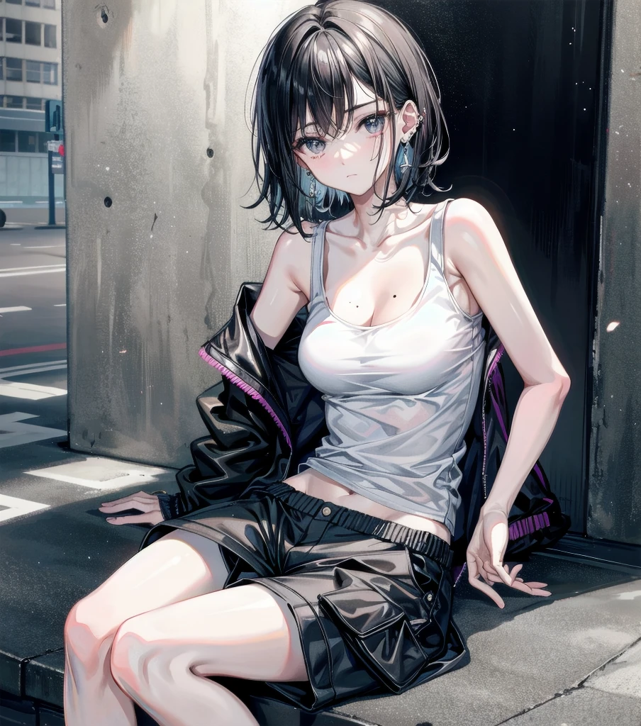 whole body, solo, alone, delicate facial features, medium tits, medium hair, black hair, tearful mole, earring, tank top shirt, cargo pants, shorts, street,