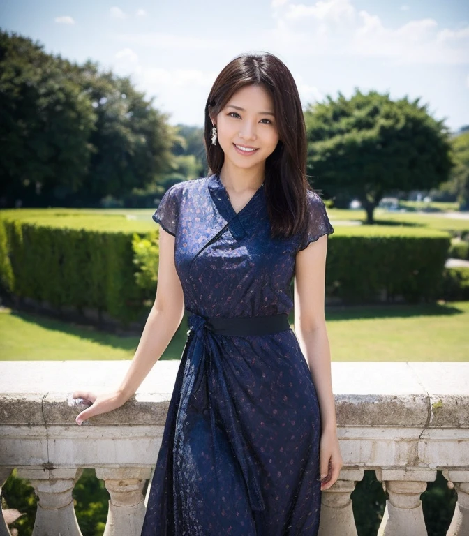 ((Highest quality、8K、masterpiece:1.3))、Realistic, Sharp focus, High resolution, High resolution, Portraiture, alone, Japanese, Middle-aged women, Beautiful woman, 26 years old、Big Breasts、Seaweed pattern casual dress、Photograph the whole body、ancient ruins、smile
