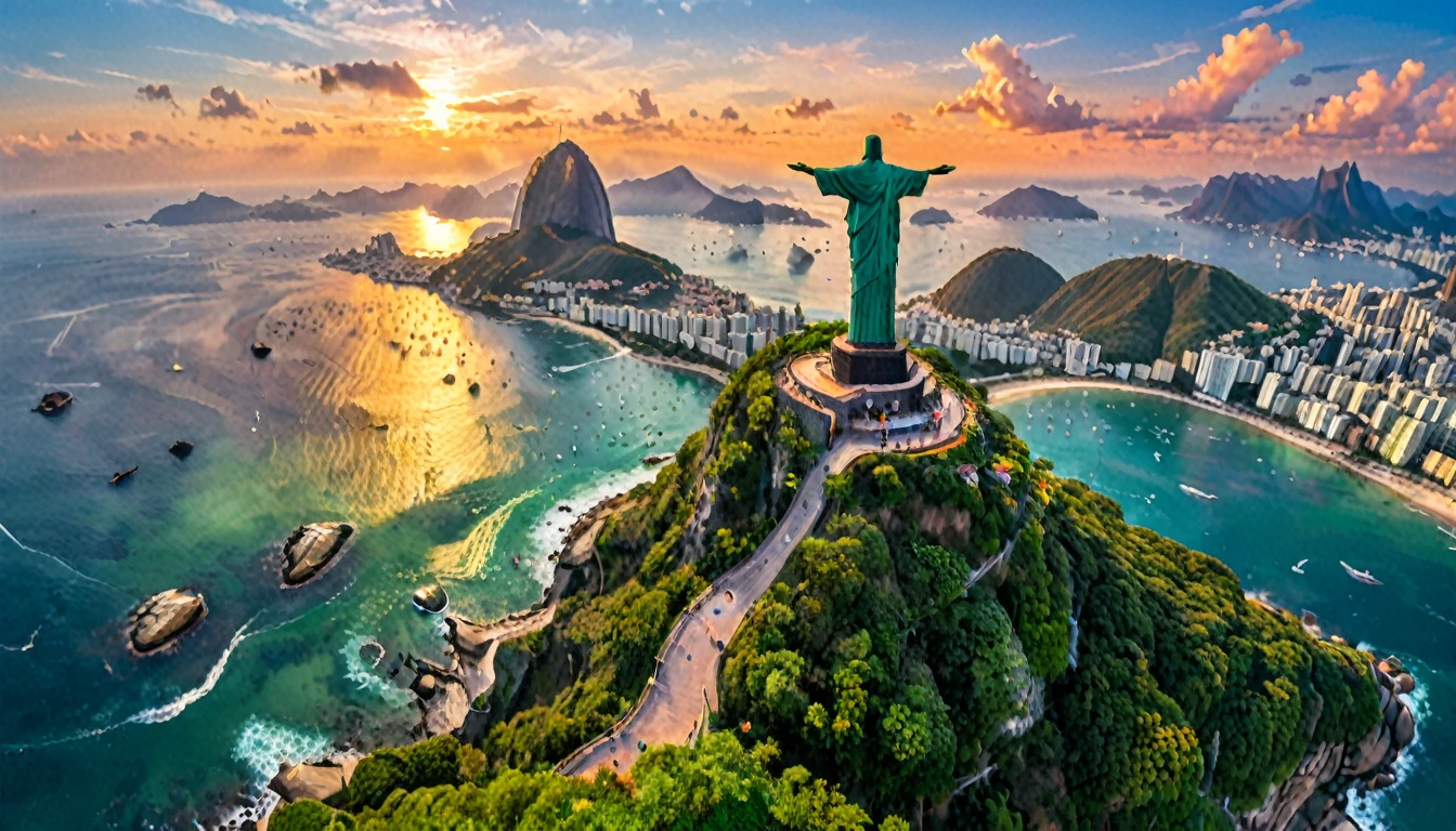 Reality,4K,8K, Vibrant and colorful landscape ,Brazil,Rio de Janeiro,Christ the Redeemer ,Ocean,With bold brushstrokes and unnatural colors