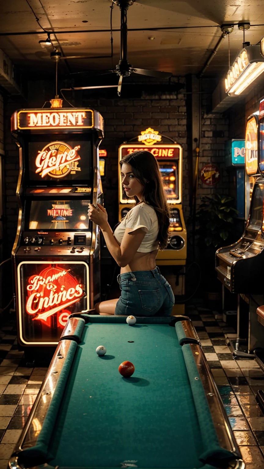 Create an ultra-high definition, hyper-realistic image that transports viewers to a vintage 60s American garage. The scene should be meticulously detailed, capturing the essence of the era with:
A checkered floor that gleams under professional lighting, reflecting the neon signs above.
A pool table with worn leather pockets and vintage billiard balls, bathed in the glow of retro lighting.
Arcade machines displaying classic games like pinball and Pac-Man, their screens softly illuminated.
Vintage food machines adorned with old-fashioned logos, suggesting a time when soda pop and candy bars were a dime.
Old advertising signs with faded colors and weathered edges, promoting brands from a bygone era.
Neon signs buzzing with life, casting a warm, nostalgic glow across the scene.
Rusty oil cans and a weathered tool cabinet, their surfaces textured with years of use.
Classic motorcycles parked in a corner, their chrome accents catching the light.
Retro lighting fixtures emitting a soft, ambient glow, with subtle smoke hanging in the air, catching the light rays.
Slot machines from old casinos, their flashing lights and intricate detailing adding to the ambiance.
Ensure every detail, from the texture of the pool table felt to the scratches on the arcade machine screens, is meticulously rendered to evoke the spirit of the 1960s American garage. The image should be in sharp focus, with vivid colors that bring each element to life, capturing the nostalgia and authenticity of the time period.