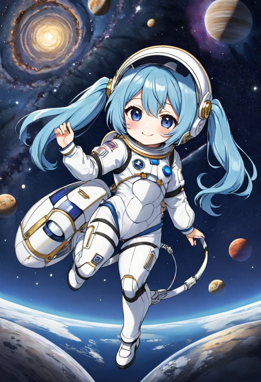 (((masterpiece))), Highest quality, Very detailed, anime, (Spacesuit:1.2), (Spacesuit helmet:1.2), (Spacewalk:1.2), (Holding a bouquet:1.2), Pretty dark eyes、smile、(((girl))), (((alone))), Happy, whole body, (((Deformed))), (((Chibi Character))),  (Space Background), (milky way)、Light blue long hair、Twin tails