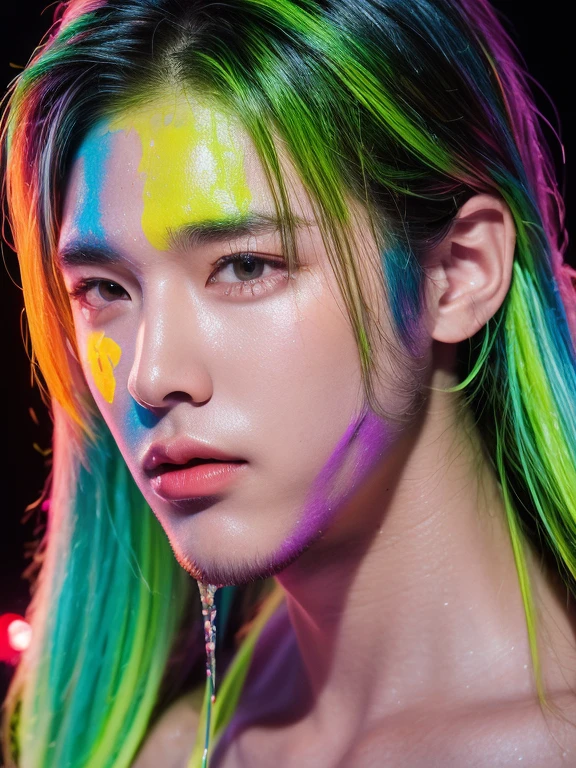 glow in the dark ,bioluminescent color glow , paint splatter,fancy, psychedelic, surreal, neon, amazing universe, bright, colorful, neon 불빛에 아름 다운 화려한 여자,Mark Leyden、Daniel Merriam、Frank Prazzetta(Frank Frazeta)and Boris Vallejo(Boris Vallejo's) 스타일의 bright neon 컬러, 、stylish outfit,sandal,hyperrealism, hallucinosis, abundant, beautiful, fine details, intricate details, Ultra-detailed, oil painting, complex colors,