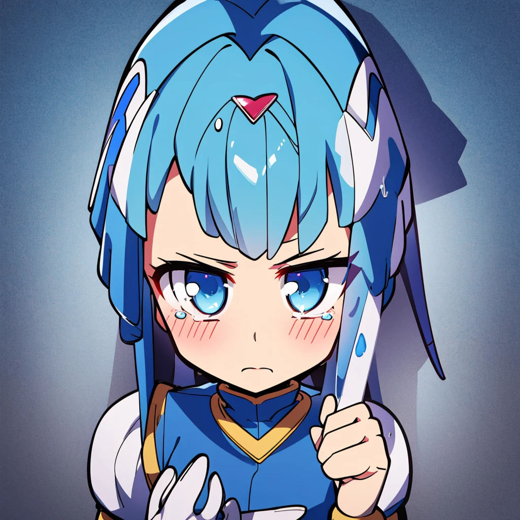 Leviathan_Megamanz, 1 Girl, looking at viewer, blue hair, Blue eyes, Simple background , Blushed , , Wedding ring, Glasses, chibi, Poster in hands , crying