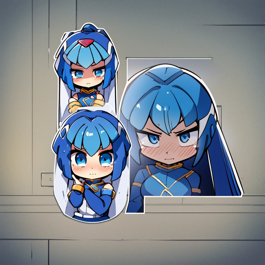 Leviathan_Megamanz, 1 Girl, looking at viewer, blue hair, Blue eyes, Simple background , Blushed ,  , Wedding ring, Glasses, chibi, Poster in hands , crying