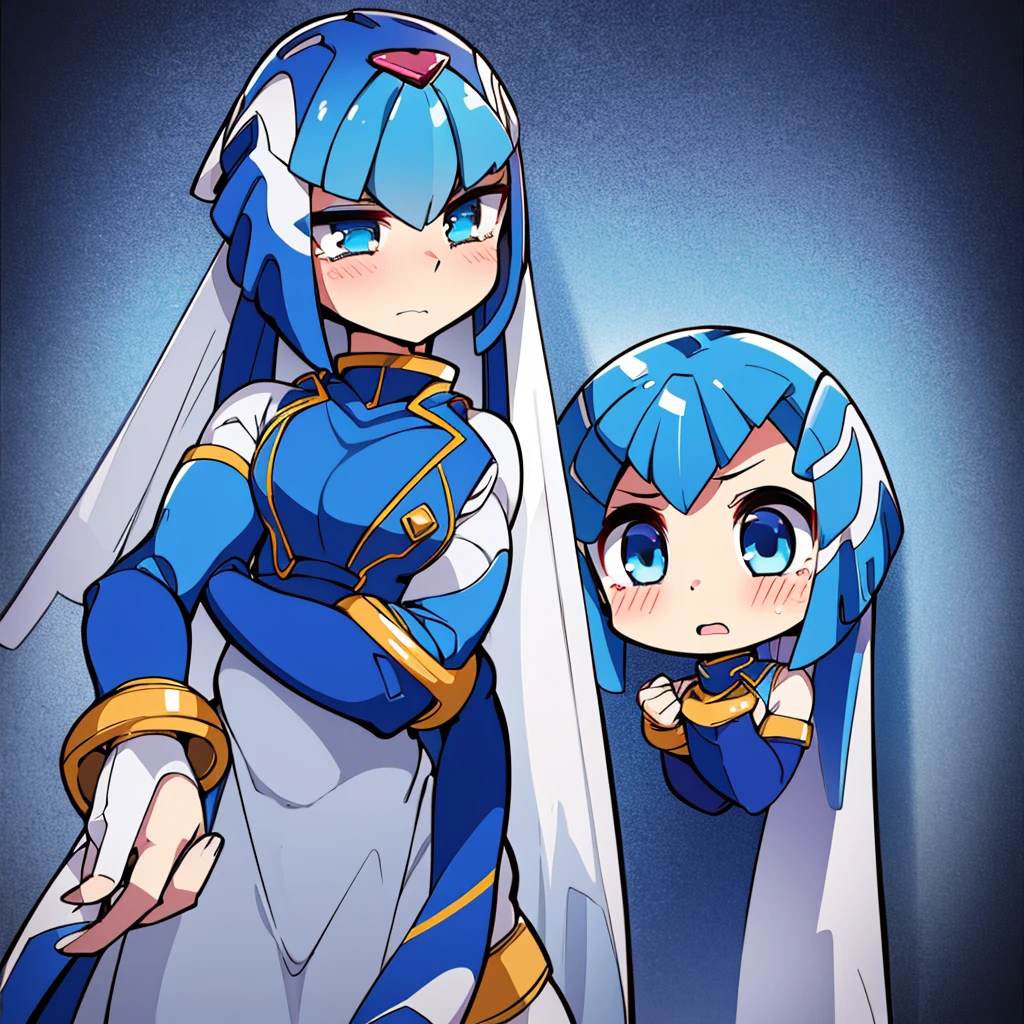 Leviathan_Megamanz, 1 Girl, looking at viewer, blue hair, Blue eyes, Simple background , Blushed ,  , Wedding ring, Glasses, chibi, Poster in hands , crying