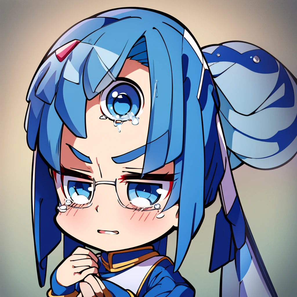 Leviathan_Megamanz, 1 Girl, looking at viewer, blue hair, Blue eyes, Simple background , Blushed , , Wedding ring, Glasses, chibi, Poster in hands , crying