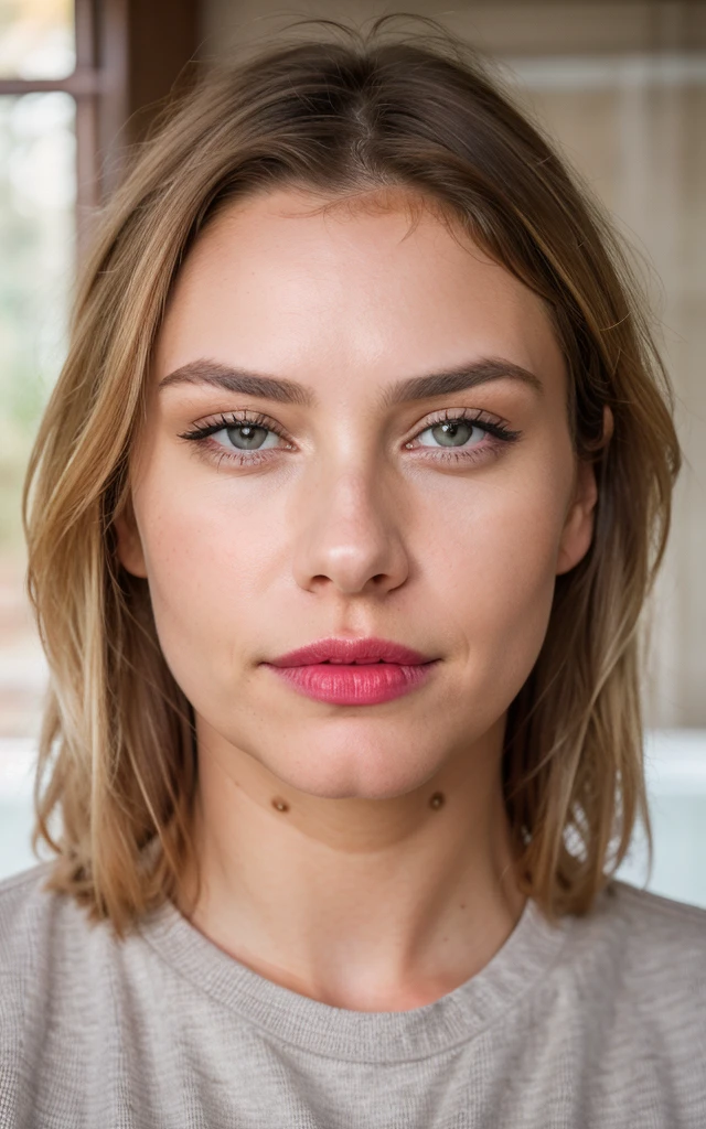photorealistic, best quality, hyper detailed, beautiful blonde hair woman, 36 year old, brown eyes, big bra, red outfit, upper body, wearing pullover, bathroom, (cheerful, shy), sexy shoulders, bright red lips, blushing cheeks, nikon z9, 30mm lens, sharp focused face, f/4, iso 200, shutter 1/, cinematic light, medium shot, raw ,intricately detailed, award winning photograph, high sharpness, facial symmetry, bokeh, ultra-detailed