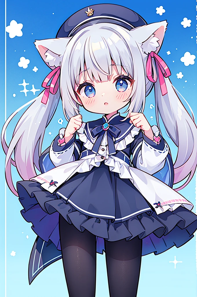 female、独奏, whole body, light blue eyes、mary jane shoes, pose for a photo.,long hair、twintail hair,shy,blush,Hot,masterpiece、Best image quality、top quality, beret、long hair,fox ears,gray hair,(black pantyhose),blue eyes、exquisite eyes、Beautiful girl、Chubby cheeks、cute 드레스、puffy sleeves、Ruffled skirt、pink ribbon、cute、change, Ice magic,