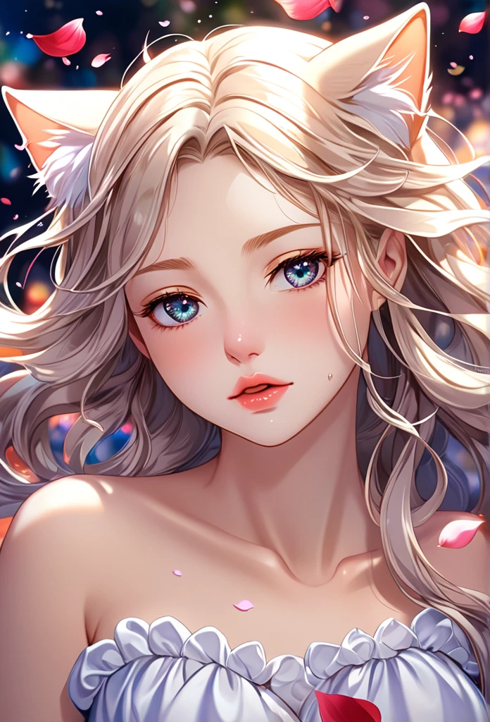 (Ah! My Goddess style:1.2) , Hallucination, daydream , nightmare , Insane Dream , bokeh , erotica , romance , cat nymph and realistic cat , Petals fluttering down , Single eyelids, round nose, swollen cheeks , glossy lips , Collarbone , Hair blowing in the wind