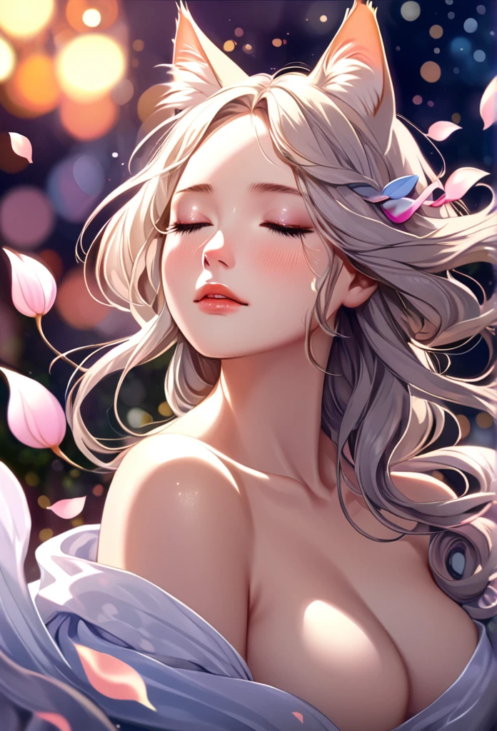 (Ah! My Goddess style:1.2) , Hallucination, daydream , nightmare , Insane Dream , bokeh , erotica , romance , cat nymph and realistic cat , Petals fluttering down , Single eyelids, round nose, swollen cheeks , glossy lips , Collarbone , Hair blowing in the wind