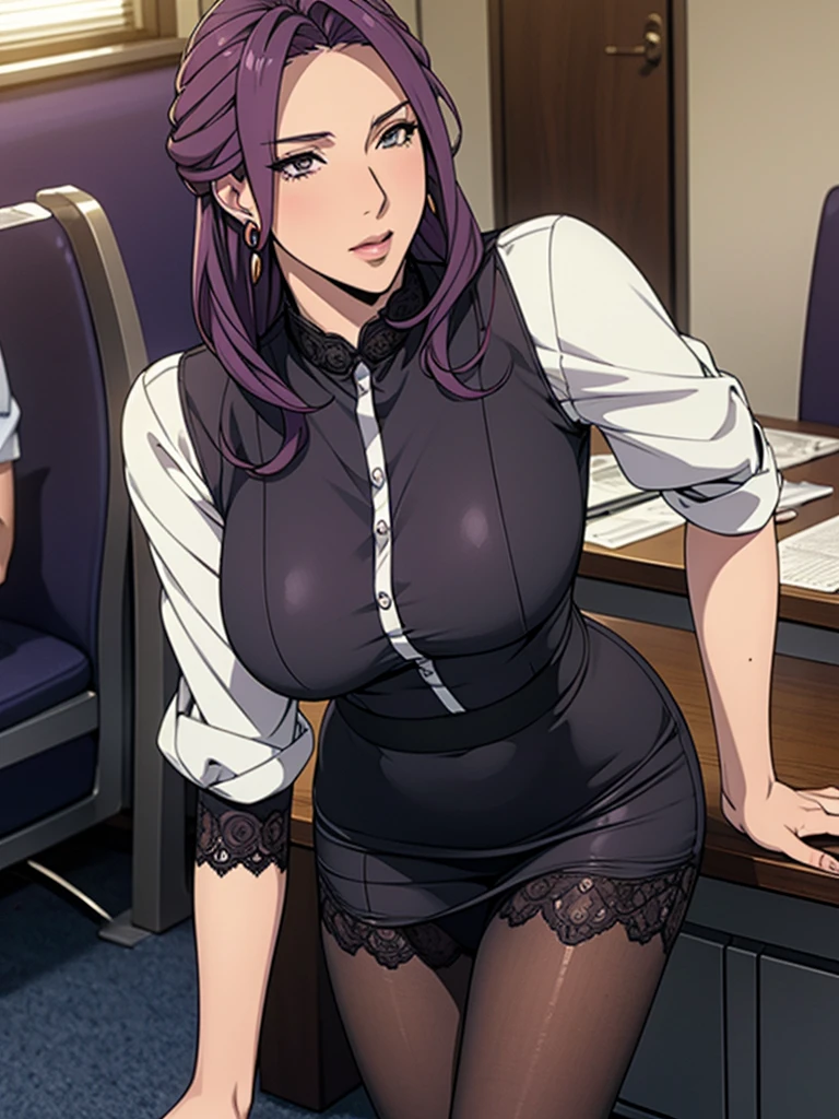 (Highest quality, Very detailed, Anime Images, Game CG, art CG, Realistic, Cinema Lighting, Perfect Shadow, Realistic lighting shading, Unity8k wallpaper), OL,Office Lady Costume, office worker (Stylish clothing), (Pencil Skirt), Black Pantyhose,Black knee high sock, Big Breasts, Long Hair, Mature Woman, (Lace panties), Perfect Eyes, Perfect Face, Earrings, (Purple garter belt: 1.1), Bible Black Style, Vulgar blush, nose, Watch Viewer, Sexy pose,Modern Office,Tabletop