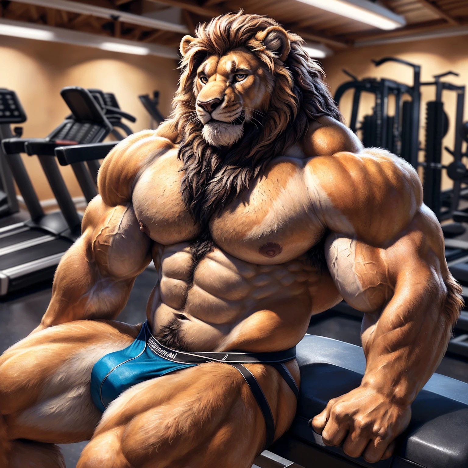 Lion, orange body, big mane, brown mane, brown body hair, brown chest hair, flexing, three-quarter view, jockstrap, topless, looking at viewer, (seductive face), sitting, gym background, detailed nipples, fitness muscular body, nipple focus, big bodybuilder body, muscular male, muscular, detailed fur, detailed muscles, bright body, detailed face, high detailed, high resolution, high quality, beautiful eyes, detailed eyes, (((big muscles))), (((muscular serratus))), (((muscular oblique))), (((muscular v-cut))), (((big butt muscles))), ((((broad muscular shoulder)))), ((((big muscular thighs)))), ((((detailed muscular abs)))), (((((huge muscular pecs))))), ((((big muscular biceps)))), (((big muscular triceps))), (((big muscular quads))), (((big muscular deltoids))), (((big forearm muscles))), (((muscular anthro)), manly masculine male, by bruteandbrawn, by personalami, by kenket, (intricate, high detail, film photography, soft focus, RAW candid cinema, photorealism, realistic, photorealistic, analog style, subsurface scattering, masterpiece, best quality, ultra realistic, 8k)