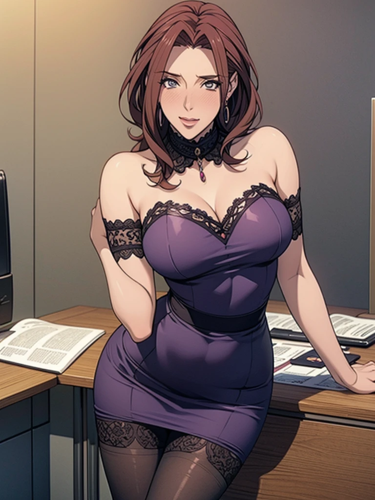 (Highest quality, Very detailed, Anime Images, Game CG, art CG, Realistic, Cinema Lighting, Perfect Shadow, Realistic lighting shading, Unity8k wallpaper), OL,Office Lady Costume, office worker (Stylish clothing), (Pencil Skirt), Black Pantyhose,Black knee high sock, Big Breasts, Long Hair, Mature Woman, (Lace panties), Perfect Eyes, Perfect Face, Earrings, (Purple garter belt: 1.1), Bible Black Style, Vulgar blush, nose, Watch Viewer, Sexy pose,Modern Office,Tabletop