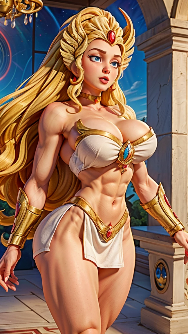 8K, ultra HD, super details, high qualiy, high resolution. Heroine She-Ra Looks Gorgeous in Full-Body Photo, your body is sculptural, her long, wavy blonde hair is radiant in a perfect combination with her white skin.. she is very sexy, drawing attention to her large breasts and thick legs.