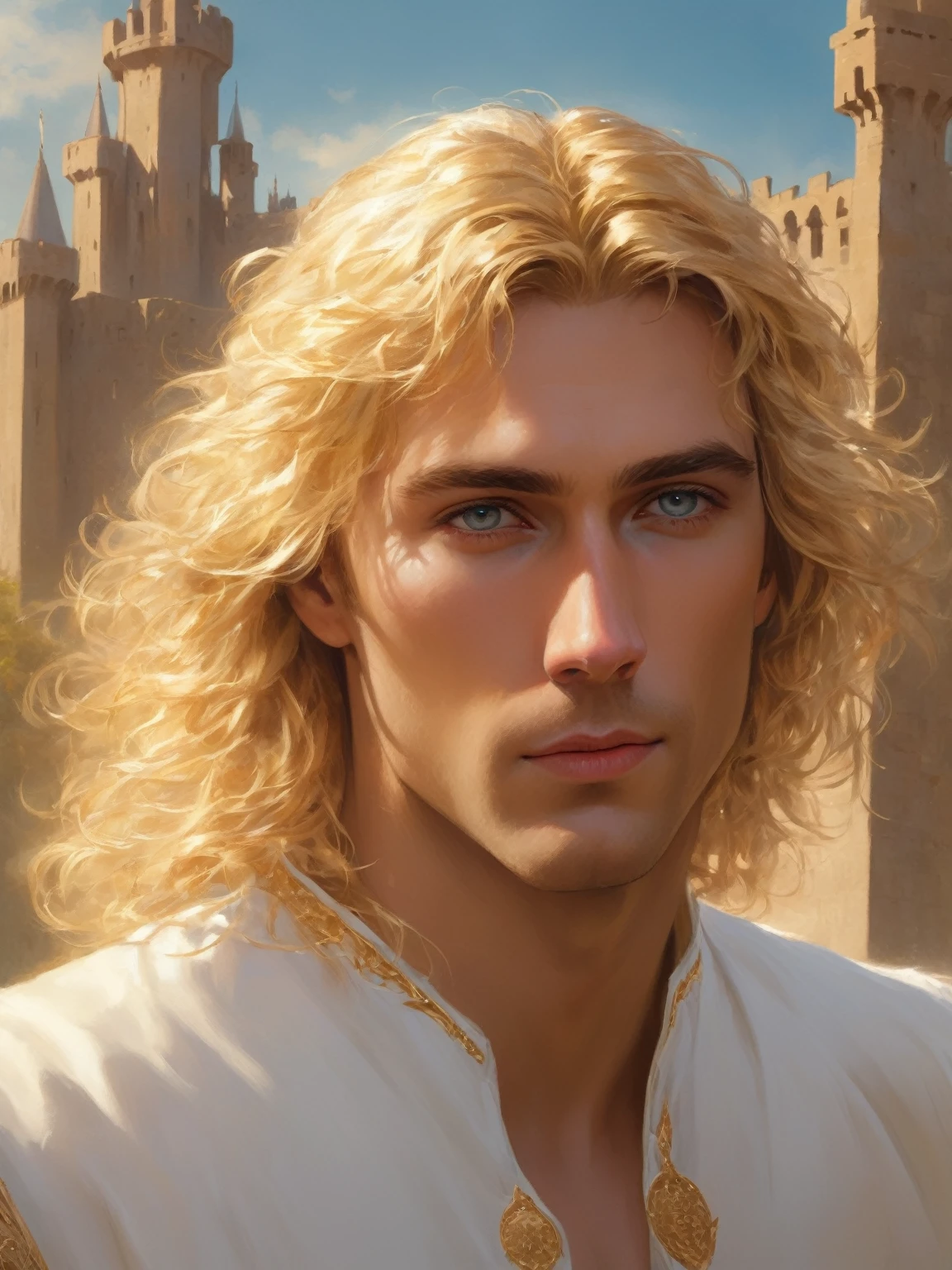 ((best quality),(masterpiece),(detailed),perfect face,a man with golden hair and golden eyes, dressed in white clothes, castle behind,beautiful,(cinematic),(dramatic lighting),(digital painting),(photorealistic),(ultra-realistic),(hyper detailed),(epic),(fantasy),(cinematic composition),(heroic pose),(dramatic), (perfect eyes)