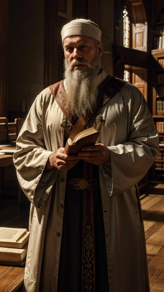 a man, byzantine catholic monk, in a monastery, very old, white beard, holding a sacred book, in a library, in deep prayer, (best quality,4k,8k,highres,masterpiece:1.2),ultra-detailed,(realistic,photorealistic,photo-realistic:1.37),detailed facial features, detailed robes and clothing, dramatic lighting, ornate library interior, religious atmosphere, muted color palette, chiaroscuro lighting