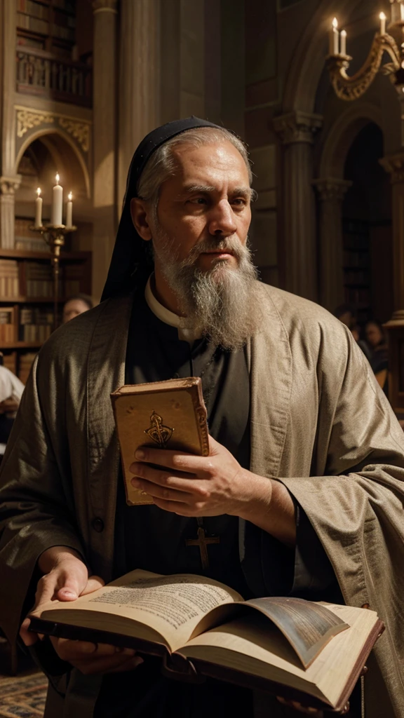 a man, byzantine catholic monk, in a monastery, very old, white beard, holding a sacred book, in a library, in deep prayer, (best quality,4k,8k,highres,masterpiece:1.2),ultra-detailed,(realistic,photorealistic,photo-realistic:1.37),detailed facial features, detailed robes and clothing, dramatic lighting, ornate library interior, religious atmosphere, muted color palette, chiaroscuro lighting