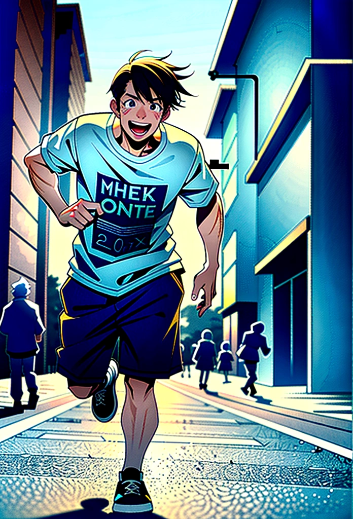 a messy boy, running in the street, with dirty clothes, beautiful smiling face, an old man screaming in the background