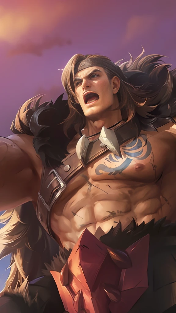 Handsome man in battlefield, in desert. low view, ecstatic expression, 6-pack body, trousered