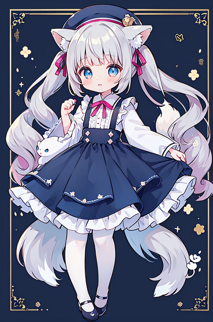 female、独奏, whole body, light blue eyes、mary jane shoes, long hair、twintail hair，shy，blush，Hot，masterpiece、Best image quality、top quality, beret、long hair，fox ears，gray hair，(black pantyhose)，blue eyes、exquisite eyes、Beautiful girl、Chubby cheeks、cute 드레스、puffy sleeves、Ruffled skirt、pink ribbon、cute、change, Ice magic,