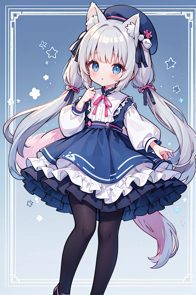 female、独奏, whole body, light blue eyes、mary jane shoes, long hair、twintail hair,shy,blush,Hot,masterpiece、Best image quality、top quality, beret、long hair,fox ears,gray hair,(black pantyhose),blue eyes、exquisite eyes、Beautiful girl、Chubby cheeks、cute 드레스、puffy sleeves、Ruffled skirt、pink ribbon、cute、change, Ice magic,