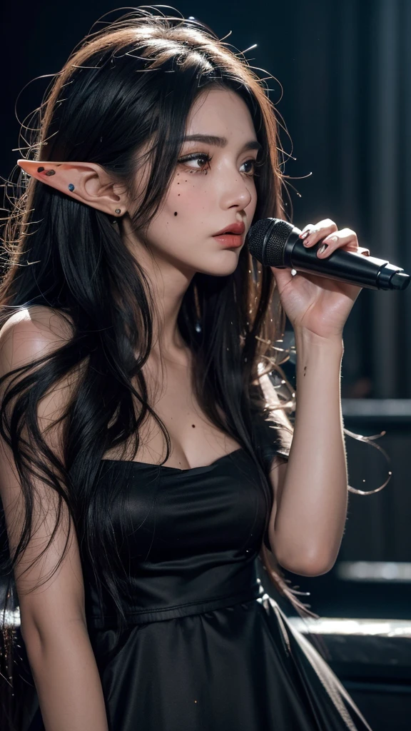 High quality, 8K Ultra HD, ((ink and painting)), ((Highest quality)), ((masterpiece)), (detailed), stage at a concert venue. A bewitching elf woman is singing. Her hair is long, black, and voluminous and loosely wavy. The eyes are black and slightly watery. ((((Large mole below the corner of the eye)))). She is wearing a long black dress. It's a sad expression. Upper body.